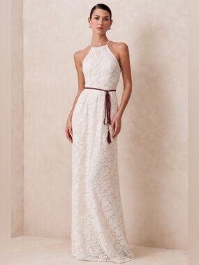 Agaci White Lace Maxi Dress with Tie Waist Belt